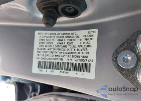 2016 Honda Civic Ex z USA, uszkodzony, nr VIN 2HGFC2F81GH502596